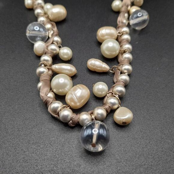 Chico's Glass Pearl Long Necklace,  Clear Globe Beads, 41 Inches, Beige Ribbon - Picture 2 of 11